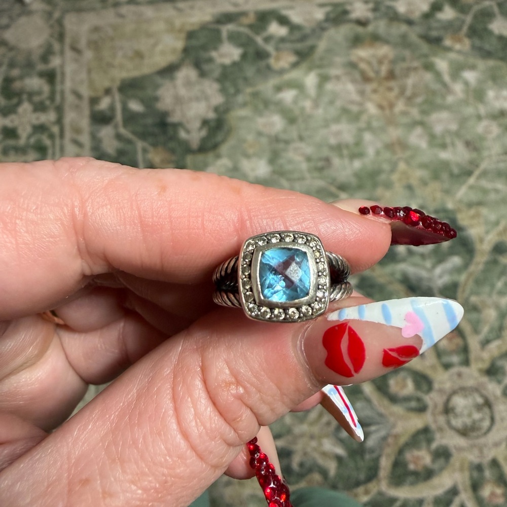 David Yurman Silver Ring with Aquamarine and Diamonds - Picture 2 of 7